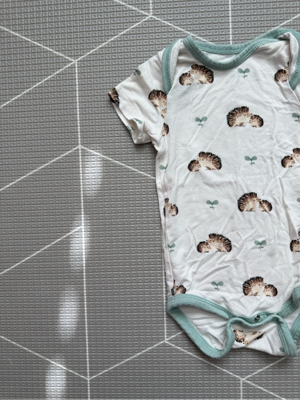 Kyte|Baby neutral Hedgehog Print Bamboo One-Piece Bodysuit in Mint Trim•Novelty